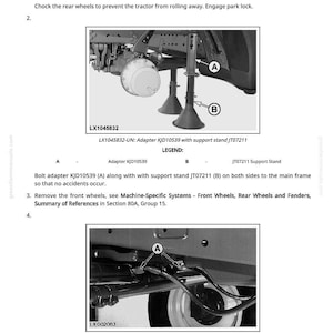 Pode incluir: Diagrama de remo&ccedil;&atilde;o e instala&ccedil;&atilde;o do joelho do eixo do trator. A imagem mostra um eixo de trator com suportes e adaptador. O texto inclui instru&ccedil;&otilde;es para remover as rodas dianteiras e desconectar as linhas hidr&aacute;ulicas.