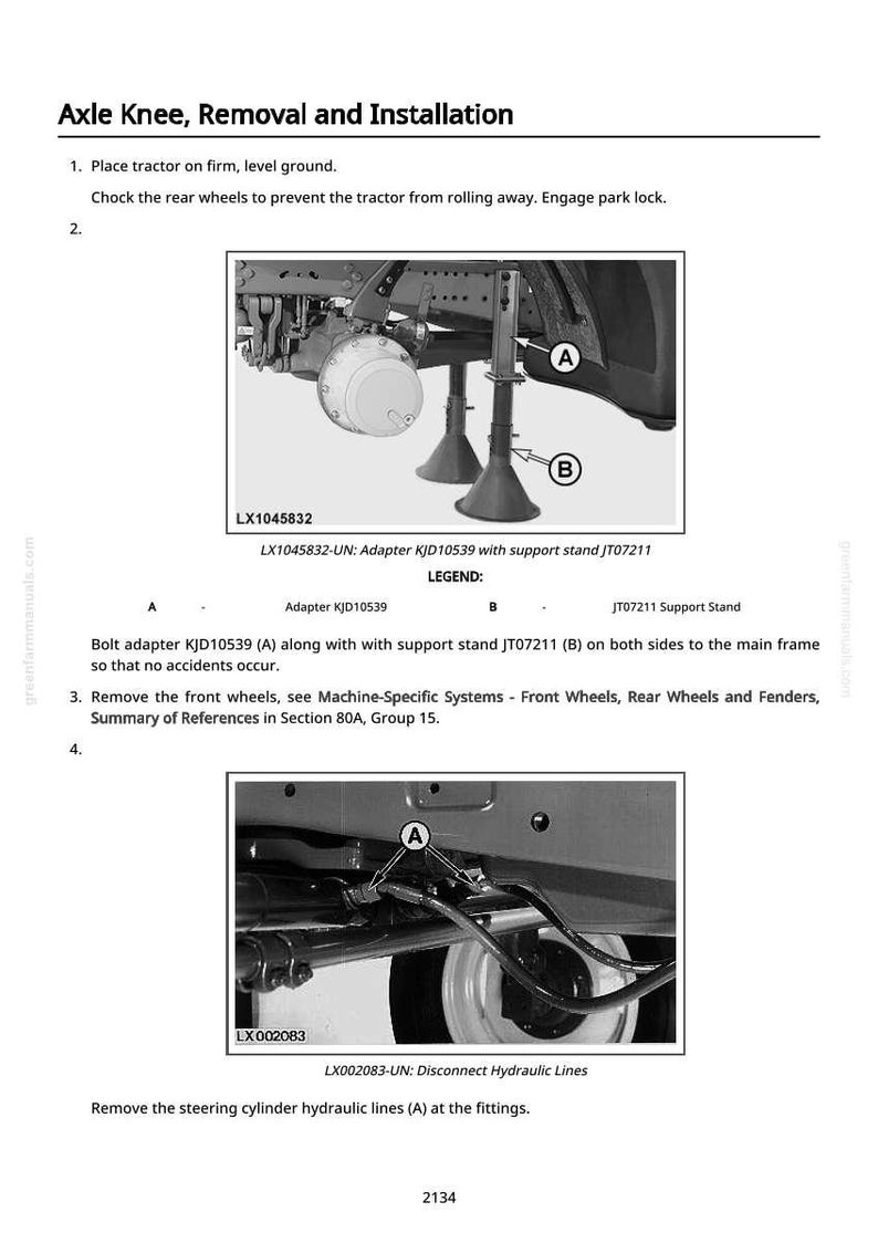 Pode incluir: Diagrama de remo&ccedil;&atilde;o e instala&ccedil;&atilde;o do joelho do eixo do trator. A imagem mostra um eixo de trator com suportes e adaptador. O texto inclui instru&ccedil;&otilde;es para remover as rodas dianteiras e desconectar as linhas hidr&aacute;ulicas.