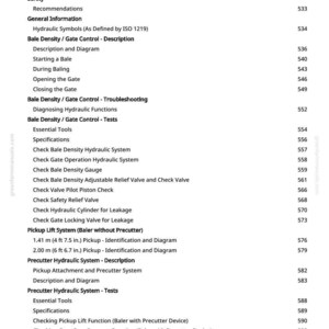 May include: A page from a manual with a table of contents. The text includes "Diagnostic and Test Procedure," "Hydraulic System Operation and Tests," and "Bale Density / Gate Control." Measurements are in feet and inches.