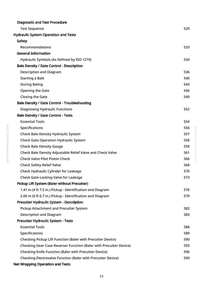 May include: A page from a manual with a table of contents. The text includes "Diagnostic and Test Procedure," "Hydraulic System Operation and Tests," and "Bale Density / Gate Control." Measurements are in feet and inches.