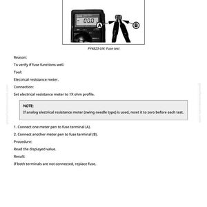 May include: Image of a fuse test setup. A digital multimeter displays "00.0" with probes connected to a fuse. Text reads "Fuse test" and instructions for verifying fuse functionality.