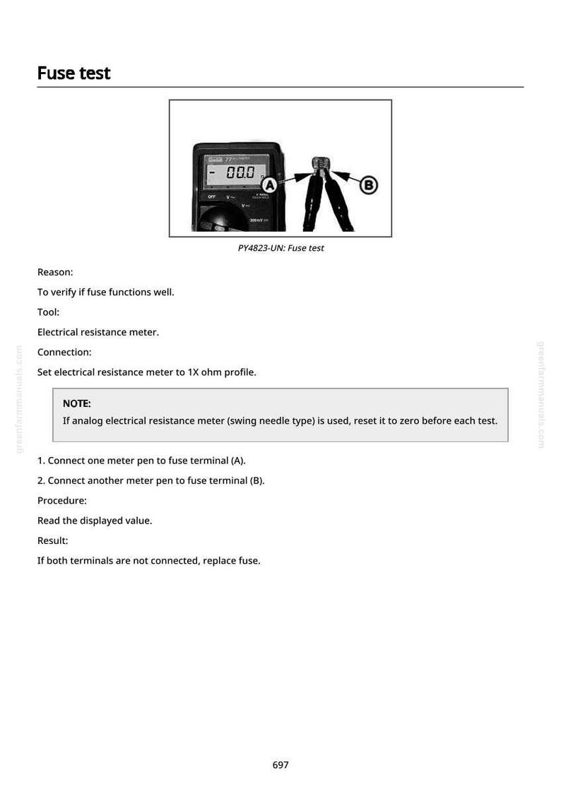 May include: Image of a fuse test setup. A digital multimeter displays "00.0" with probes connected to a fuse. Text reads "Fuse test" and instructions for verifying fuse functionality.