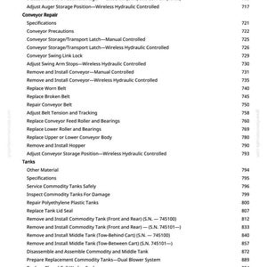 K&ouml;nnte beinhalten: Eine Manuellseite mit Verfahren zur Reparatur von F&ouml;rderb&auml;ndern und zur Wartung von Tanks. Der Text listet Anweisungen f&uuml;r Schnecken-, Riemen- und Tankkomponenten zusammen mit Seitenzahlen zur einfachen Bezugnahme auf.