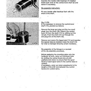 May include: Technical diagram from a hydraulic system manual, featuring detailed illustrations of mechanical components. Includes close-up views of a control lever shaft and related parts, with accompanying text and labels for disassembly and reassembly instructions.