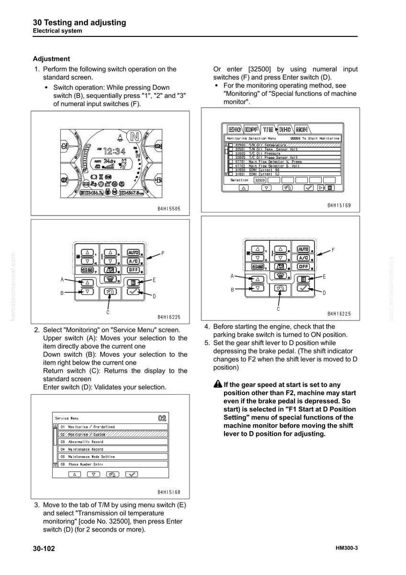 Op de afbeelding: Een pagina uit een handleiding met de titel "30 Testen en afstellen Elektrisch systeem". De pagina bevat schema's van bedieningspanelen en instructies voor systeemafstellingen, met tekst en numerieke invoer.