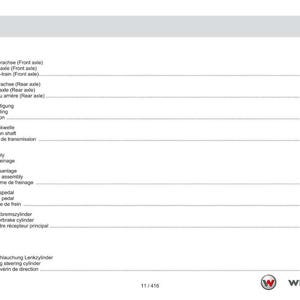 May include: A page from a technical manual with the title "Contents" in English, German, and French. The page lists various automotive components, including axles, brakes, and steering components, with corresponding page numbers.