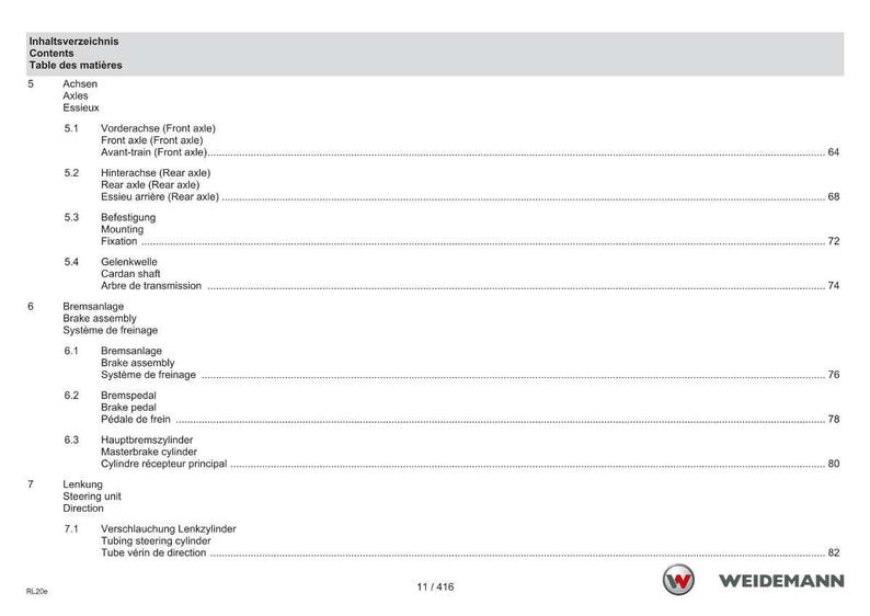 May include: A page from a technical manual with the title "Contents" in English, German, and French. The page lists various automotive components, including axles, brakes, and steering components, with corresponding page numbers.