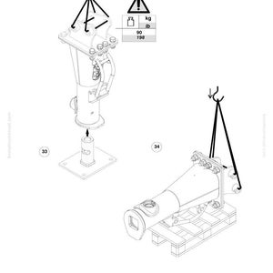 Op de afbeelding: Technische illustratie van twee mechanische componenten met hijspunten. E&eacute;n component is op een basis gemonteerd, de andere op een pallet. Een waarschuwingssymbool geeft een gewicht van 90 kg aan. De afbeelding bevat het Komatsu-logo en modelinformatie.