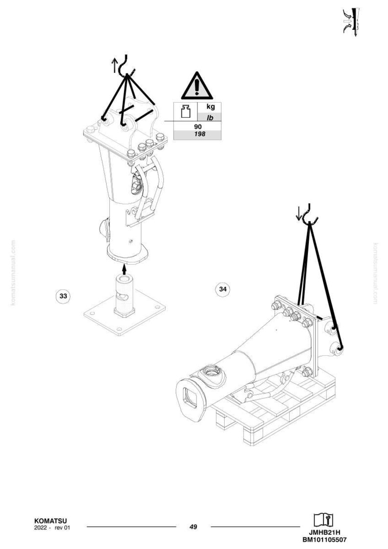 Op de afbeelding: Technische illustratie van twee mechanische componenten met hijspunten. E&eacute;n component is op een basis gemonteerd, de andere op een pallet. Een waarschuwingssymbool geeft een gewicht van 90 kg aan. De afbeelding bevat het Komatsu-logo en modelinformatie.