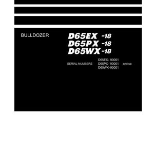 May include: A black and white shop manual cover with the text "Shop Manual" at the top. The word "BULLDOZER" is printed below a series of horizontal black lines. The manual lists model numbers and serial numbers for Komatsu bulldozers.