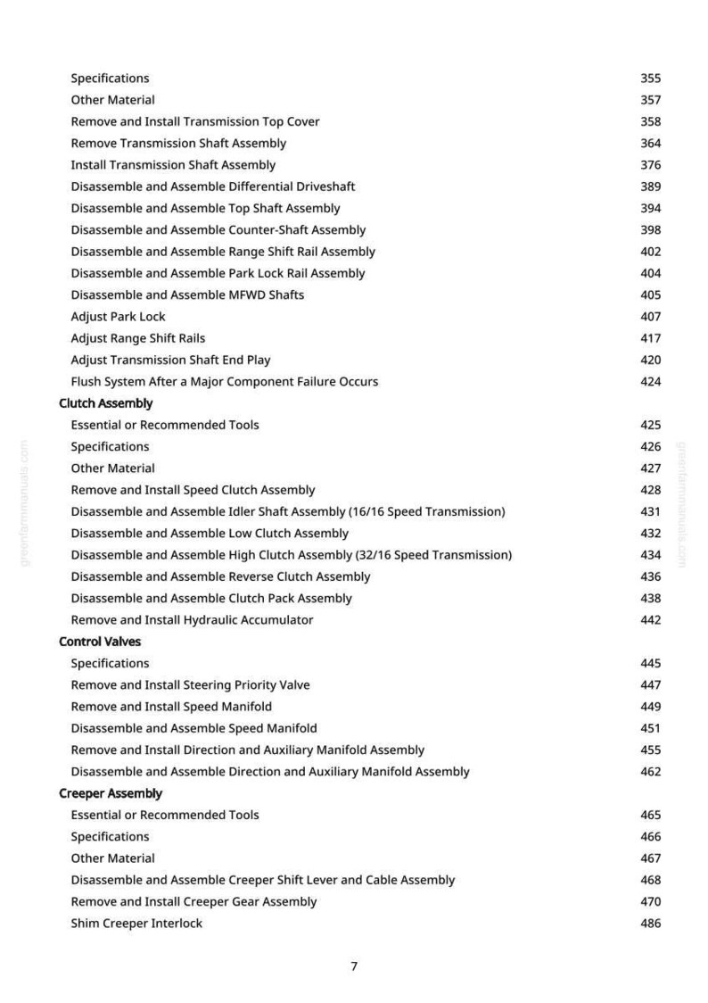 May include: A detailed page from a manual, featuring a list of mechanical procedures and specifications. The text includes terms like "Transmission Shaft Assembly," "Clutch Assembly," and "Control Valves," with corresponding page numbers. The document is designed for technical reference.