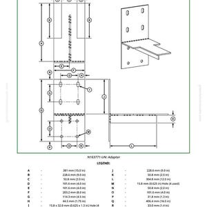 May include: Diagram of a hydrostatic pump removal adapter, labeled DFNXT45, with detailed dimensions in inches. Includes a legend with measurements for various parts, and material specifications for a steel plate.
