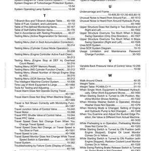 May include: A page from a manual with an index of troubleshooting and testing procedures for heavy machinery. The text includes terms like "Travel Alarm," "Engine Stop," and "Hydraulic Pump."