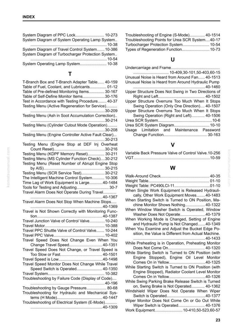 May include: A page from a manual with an index of troubleshooting and testing procedures for heavy machinery. The text includes terms like "Travel Alarm," "Engine Stop," and "Hydraulic Pump."