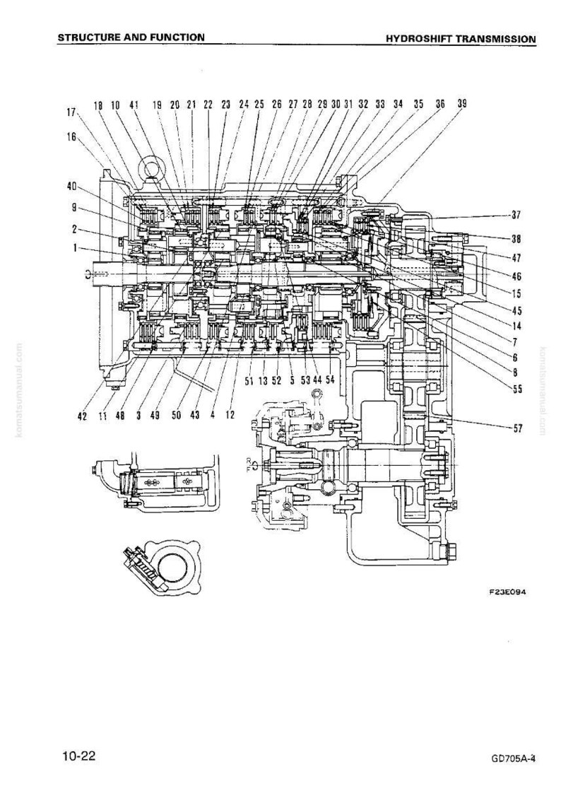 Op de afbeelding: Gedetailleerde technische tekening van een hydroshift-transmissie, gelabeld met nummers en lijnen. Het diagram bevat verschillende mechanische componenten, met de tekst "STRUCTUUR EN FUNCTIE" bovenaan.
