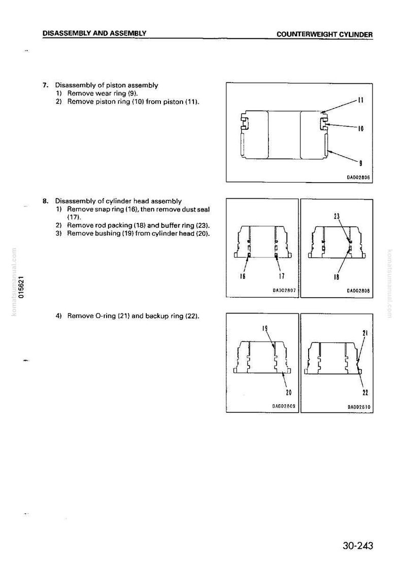 May include: Diagram of a counterweight cylinder disassembly and assembly process. The image includes detailed illustrations of piston assembly, cylinder head assembly, and various components like wear rings, piston rings, and O-rings.