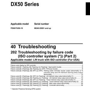 Pode incluir: P&aacute;gina do manual de oficina para uma empilhadeira da s&eacute;rie DX50. O documento inclui informa&ccedil;&otilde;es de solu&ccedil;&atilde;o de problemas, c&oacute;digos de falha e uma lista de modelos aplic&aacute;veis. Texto preto sobre fundo branco.