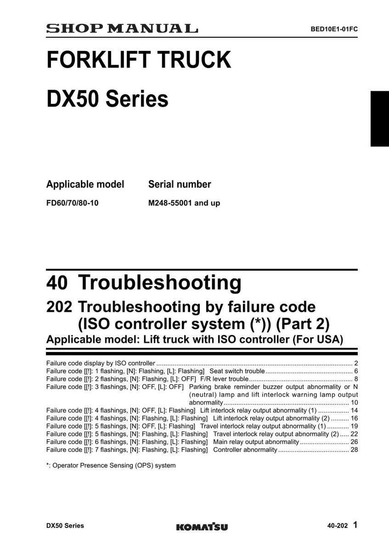 Pode incluir: P&aacute;gina do manual de oficina para uma empilhadeira da s&eacute;rie DX50. O documento inclui informa&ccedil;&otilde;es de solu&ccedil;&atilde;o de problemas, c&oacute;digos de falha e uma lista de modelos aplic&aacute;veis. Texto preto sobre fundo branco.