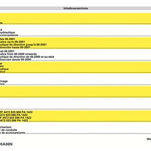 Pu&ograve; includere: Una pagina del manuale Weidemann 4204 D/D, con un sommario multilingue. Il testo &egrave; nero, con sezioni evidenziate in giallo. I termini chiave includono "Pompa olio", "Sistema frenante" e "Assale anteriore".
