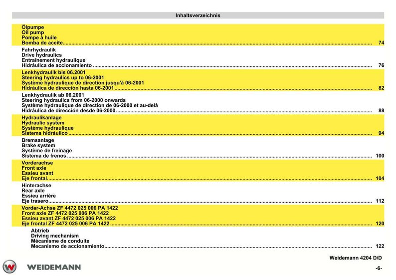 Pu&ograve; includere: Una pagina del manuale Weidemann 4204 D/D, con un sommario multilingue. Il testo &egrave; nero, con sezioni evidenziate in giallo. I termini chiave includono "Pompa olio", "Sistema frenante" e "Assale anteriore".