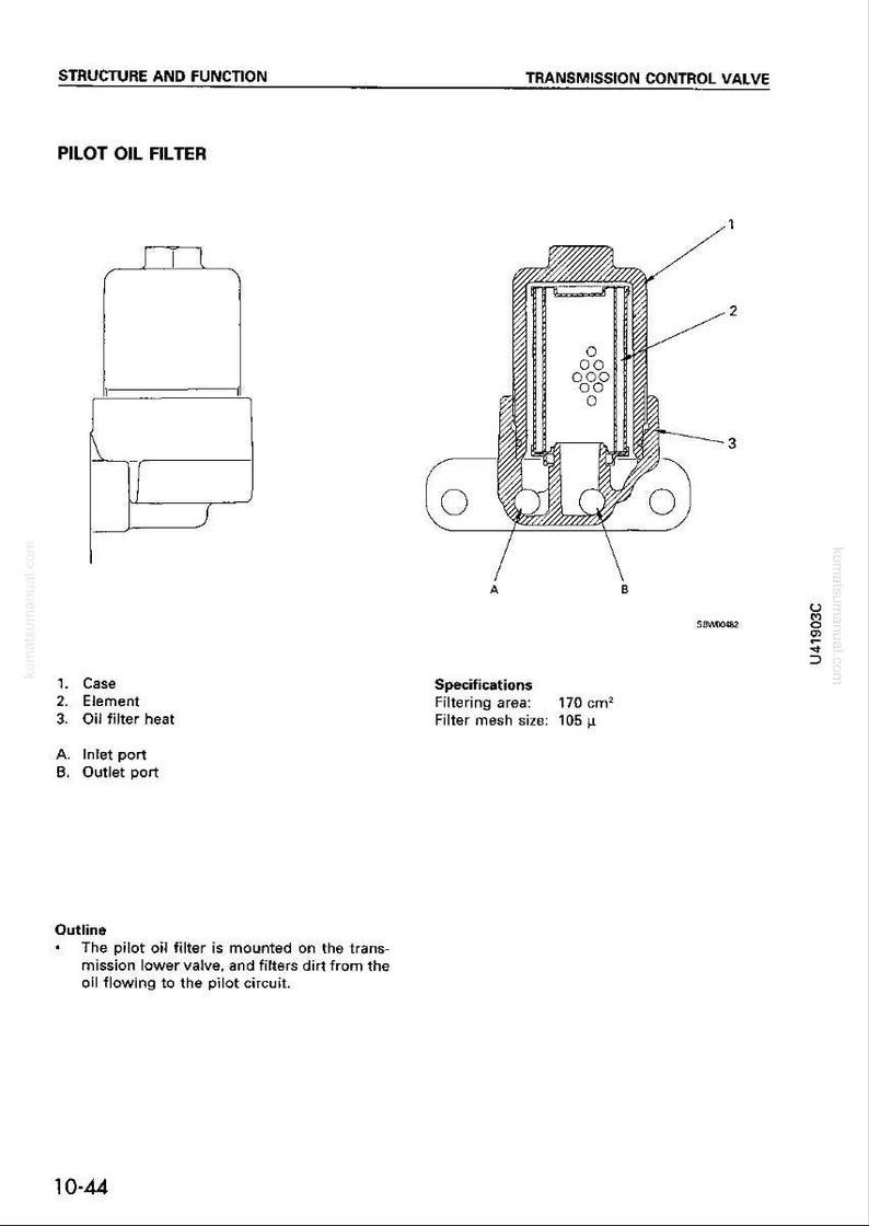 May include: Diagram of a pilot oil filter, labeled with parts like case, element, and oil filter heat. Specifications include a filtering area of 170 cm&sup2; and a filter mesh size of 105 &mu;. The diagram is a technical illustration.