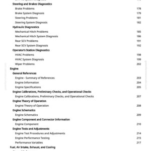 May include: A detailed table of contents from a manual, listing various automotive system diagnostics and engine-related topics. The text includes sections on brakes, steering, hydraulics, and engine calibrations. Page numbers are listed on the right.