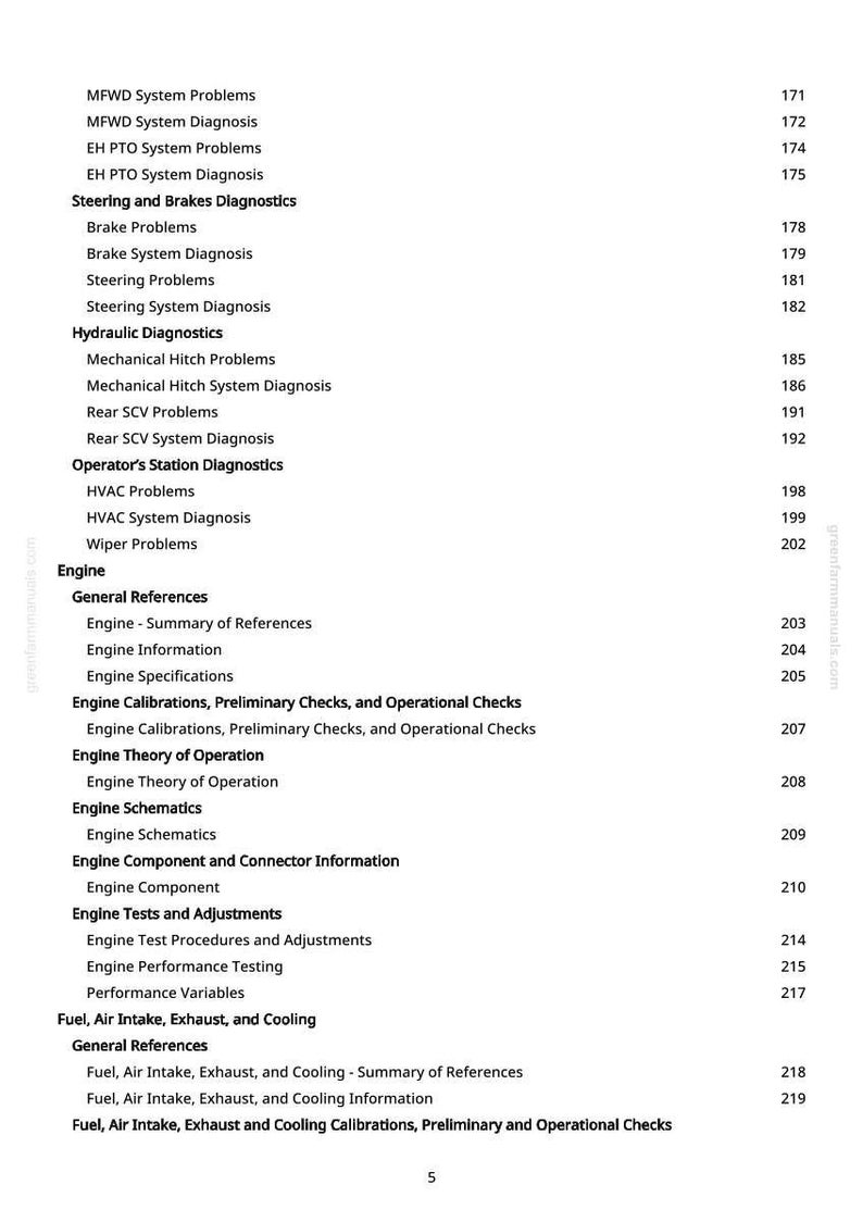 May include: A detailed table of contents from a manual, listing various automotive system diagnostics and engine-related topics. The text includes sections on brakes, steering, hydraulics, and engine calibrations. Page numbers are listed on the right.