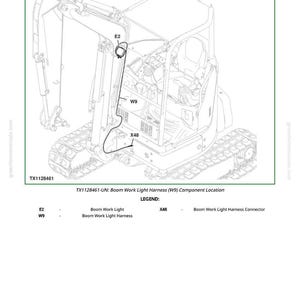 Puede incluir: Diagrama de un veh&iacute;culo de construcci&oacute;n con un borde verde, etiquetado como "Ubicaci&oacute;n del arn&eacute;s de la luz de trabajo de la pluma (W9)." El diagrama muestra la ubicaci&oacute;n de los componentes de la luz de trabajo de la pluma, incluyendo E2, W9 y X48.