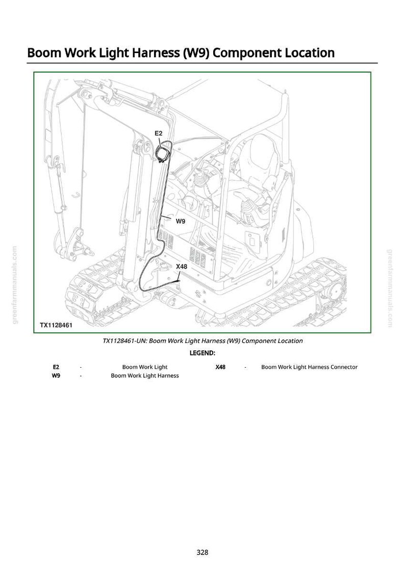 Puede incluir: Diagrama de un veh&iacute;culo de construcci&oacute;n con un borde verde, etiquetado como "Ubicaci&oacute;n del arn&eacute;s de la luz de trabajo de la pluma (W9)." El diagrama muestra la ubicaci&oacute;n de los componentes de la luz de trabajo de la pluma, incluyendo E2, W9 y X48.