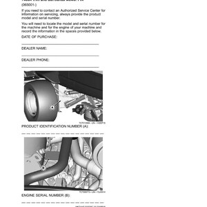 Może przedstawiać: Dokument identyfikacyjny produktu z tekstem "7400A Trim and Surrounds Mower PIN" i miejscami do rejestrowania informacji. Dokument zawiera r&oacute;wnież schematy części maszyn, oznaczone A i B, do identyfikacji produktu.