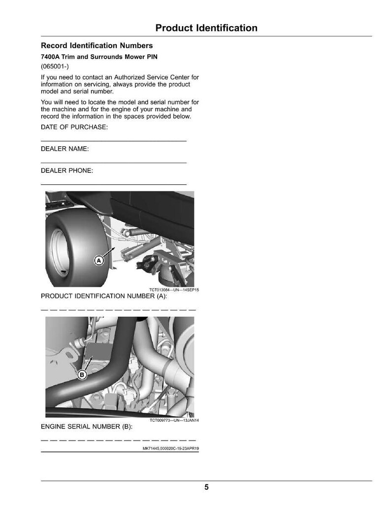 Może przedstawiać: Dokument identyfikacyjny produktu z tekstem "7400A Trim and Surrounds Mower PIN" i miejscami do rejestrowania informacji. Dokument zawiera r&oacute;wnież schematy części maszyn, oznaczone A i B, do identyfikacji produktu.