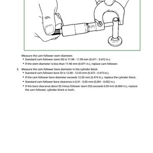 May include: Line drawing of a cam follower stem being measured with a caliper. Text provides measurements in inches and millimeters. The image is from a technical manual.