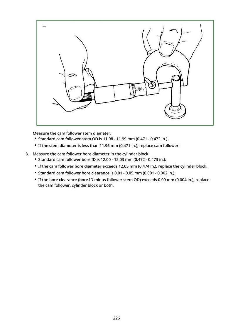May include: Line drawing of a cam follower stem being measured with a caliper. Text provides measurements in inches and millimeters. The image is from a technical manual.