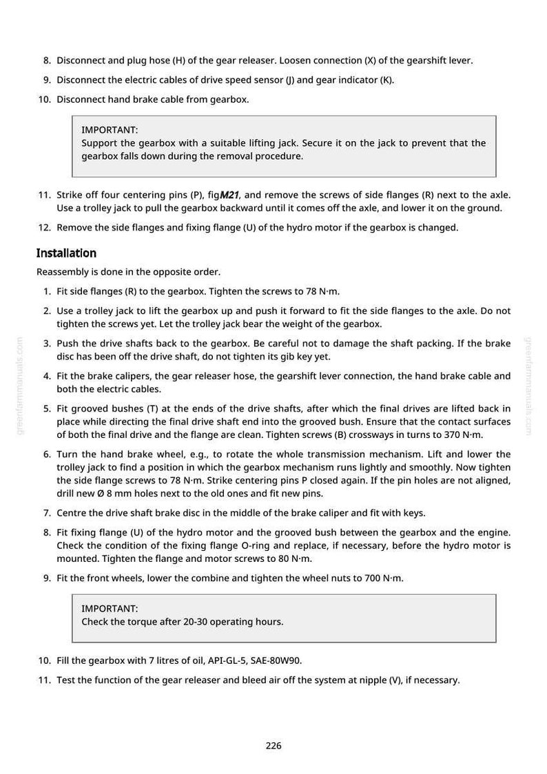 May include: A page from a repair manual detailing gearbox maintenance procedures. The text provides step-by-step instructions for disassembly, reassembly, and torque settings. The page includes diagrams and safety warnings for automotive repair.