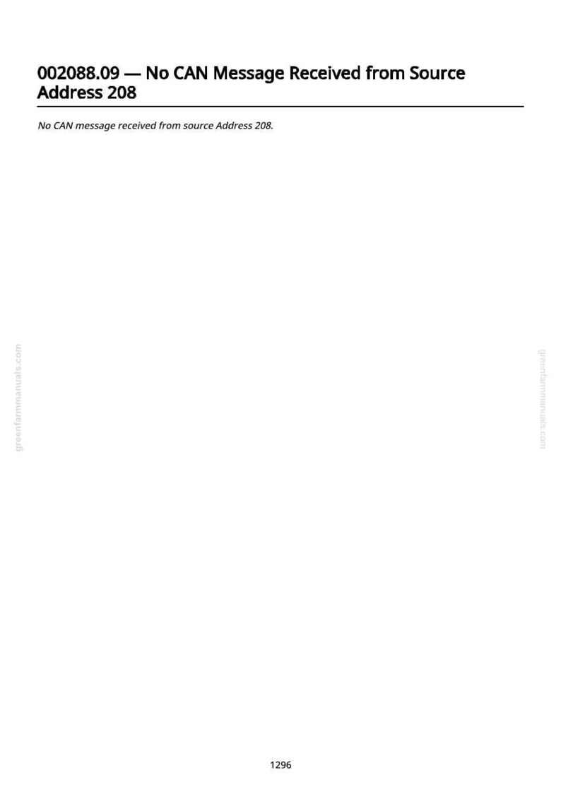 May include: A white page with black text. The text reads "002088.09 - No CAN Message Received from Source Address 208" and "No CAN message received from source Address 208."