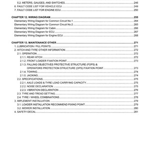 May include: A page from a manual for MF Tractors, featuring a table of contents with various sections like wiring diagrams, maintenance, and troubleshooting. The text is black on a white background.