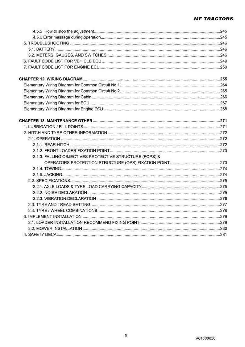 May include: A page from a manual for MF Tractors, featuring a table of contents with various sections like wiring diagrams, maintenance, and troubleshooting. The text is black on a white background.