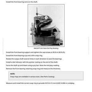 May include: Image of a mechanical device with a dial indicator and text. The text includes instructions for installing and measuring components, such as bearings and snap rings. The image is from a manual.