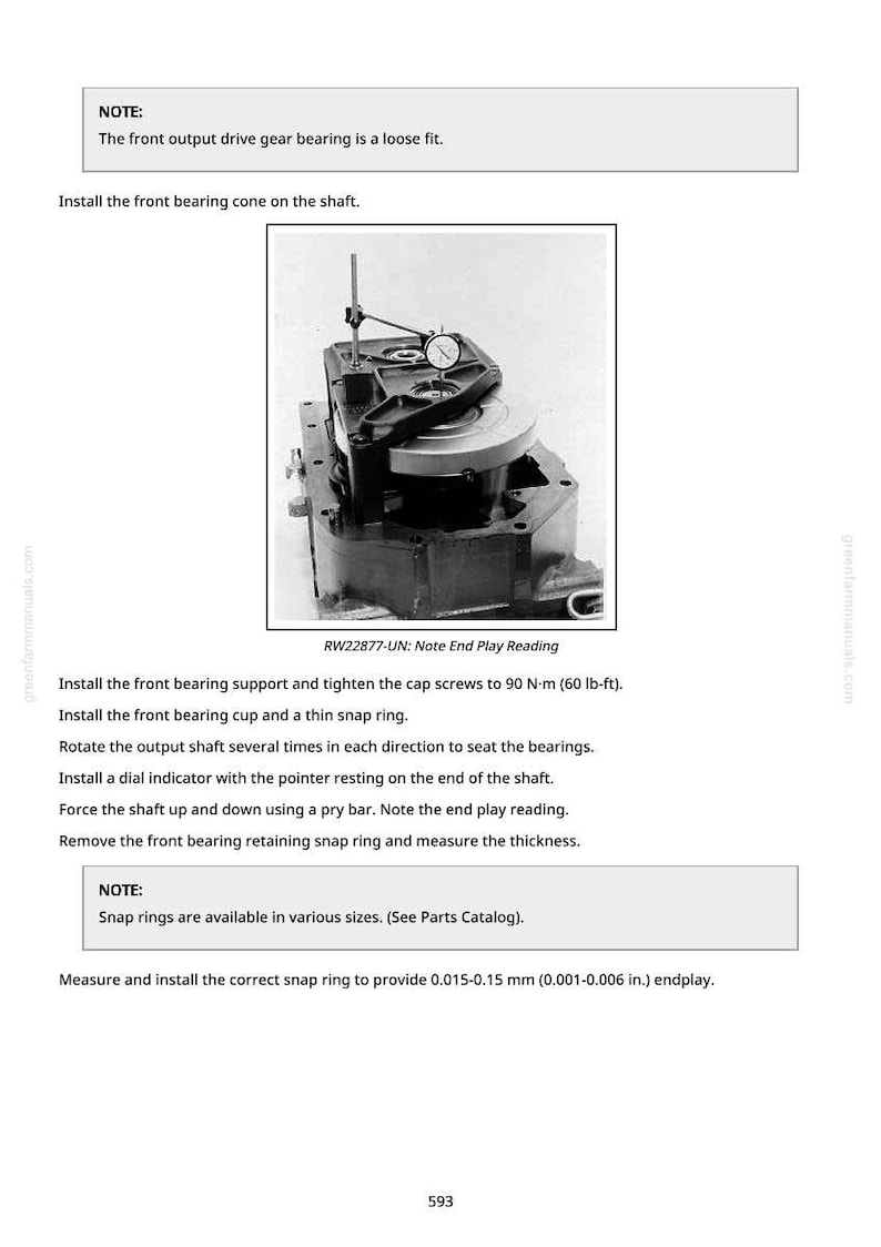 May include: Image of a mechanical device with a dial indicator and text. The text includes instructions for installing and measuring components, such as bearings and snap rings. The image is from a manual.