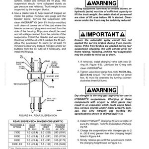 May include: Diagram of a rear suspension system with dimensions and instructions for nitrogen charging. Includes warnings about safety and proper procedures. Features a diagram with measurements in inches and millimeters.