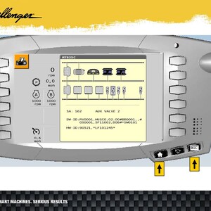 May include: A gray Challenger machine control panel with a central display showing system diagrams and data. The panel has multiple buttons and a control knob. The screen displays text and icons, including speed and RPM readings.