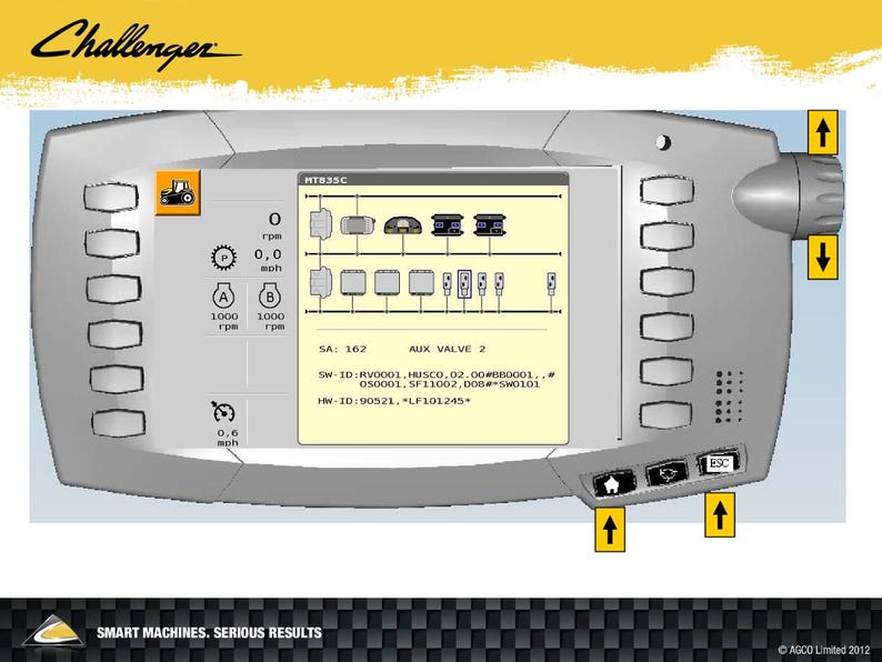 May include: A gray Challenger machine control panel with a central display showing system diagrams and data. The panel has multiple buttons and a control knob. The screen displays text and icons, including speed and RPM readings.