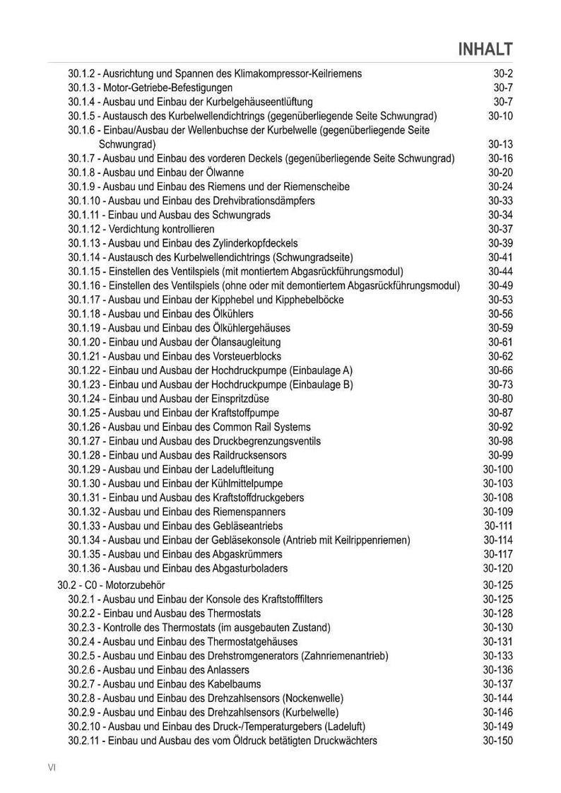 May include: A page from a technical manual, titled "INHALT," detailing automotive engine components and procedures. The table of contents lists items like pump removal, sensor installation, and other engine-related tasks.