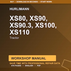Pode incluir: Um manual de oficina digital para tratores Hurlimann, incluindo os modelos XS80, XS90, XS90.3, XS100 e XS110. A capa apresenta o nome da marca e os números dos modelos de trator em texto branco sobre um fundo castanho. O manual contém 476 páginas de dados de reparação profissionais.