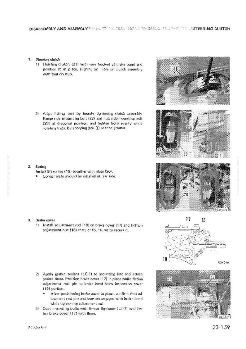 May include: A page from a manual detailing the disassembly and assembly of a steering clutch. The text includes instructions for the steering clutch, spring, and brake cover, accompanied by diagrams and part numbers.