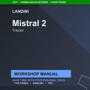Puede incluir: Un manual de taller digital para el tractor Landini Mistral 2. El t&iacute;tulo "Mistral 2" est&aacute; en texto blanco grande. El manual incluye 1102 p&aacute;ginas de datos profesionales en ingl&eacute;s y est&aacute; disponible en formato PDF.