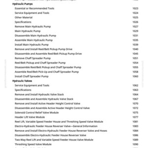 May include: A detailed table of contents from a manual, featuring a list of procedures and components related to hydraulic systems and agricultural machinery. The text includes terms like "Hydraulic Pumps," "Valves," and "Header Lift Valve Module."