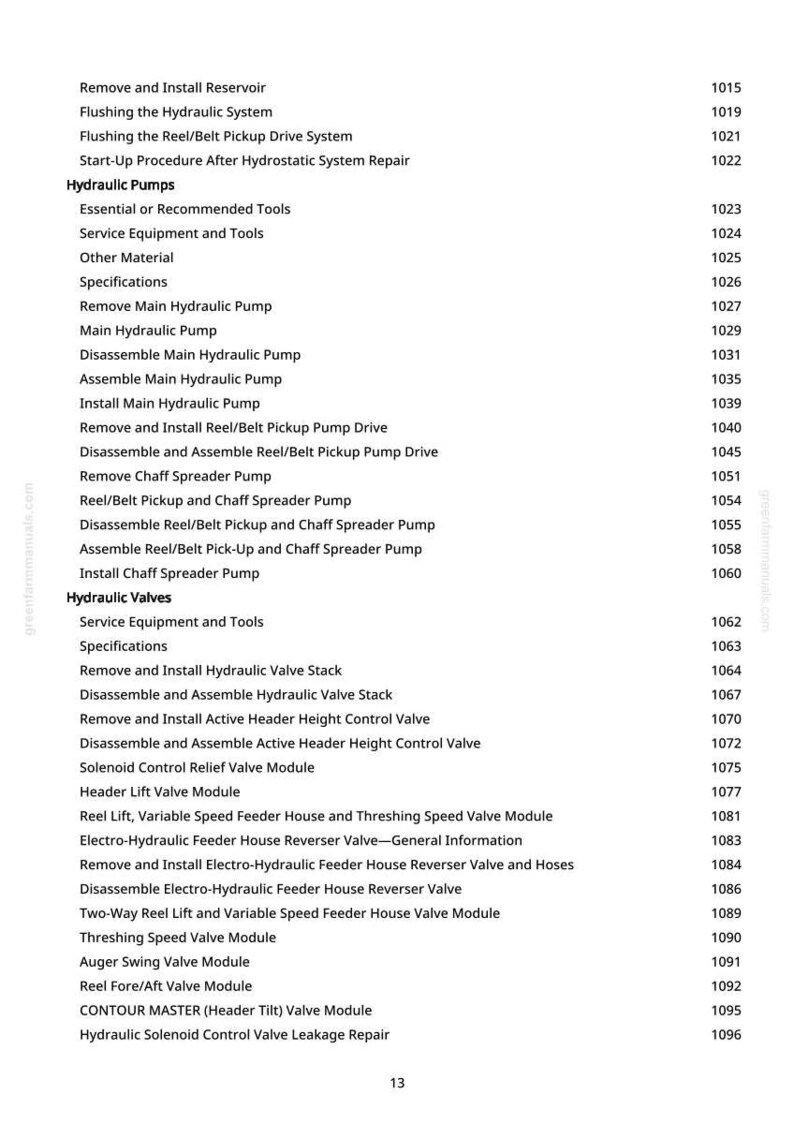 May include: A detailed table of contents from a manual, featuring a list of procedures and components related to hydraulic systems and agricultural machinery. The text includes terms like "Hydraulic Pumps," "Valves," and "Header Lift Valve Module."