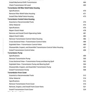 May include: A page from a manual with a list of automotive repair procedures. The text includes terms like "Transmission Oil Filter Relief Valve Housing," "Transmission Control Valve Housing," and "Transmission Pump." Numbers are listed on the right.