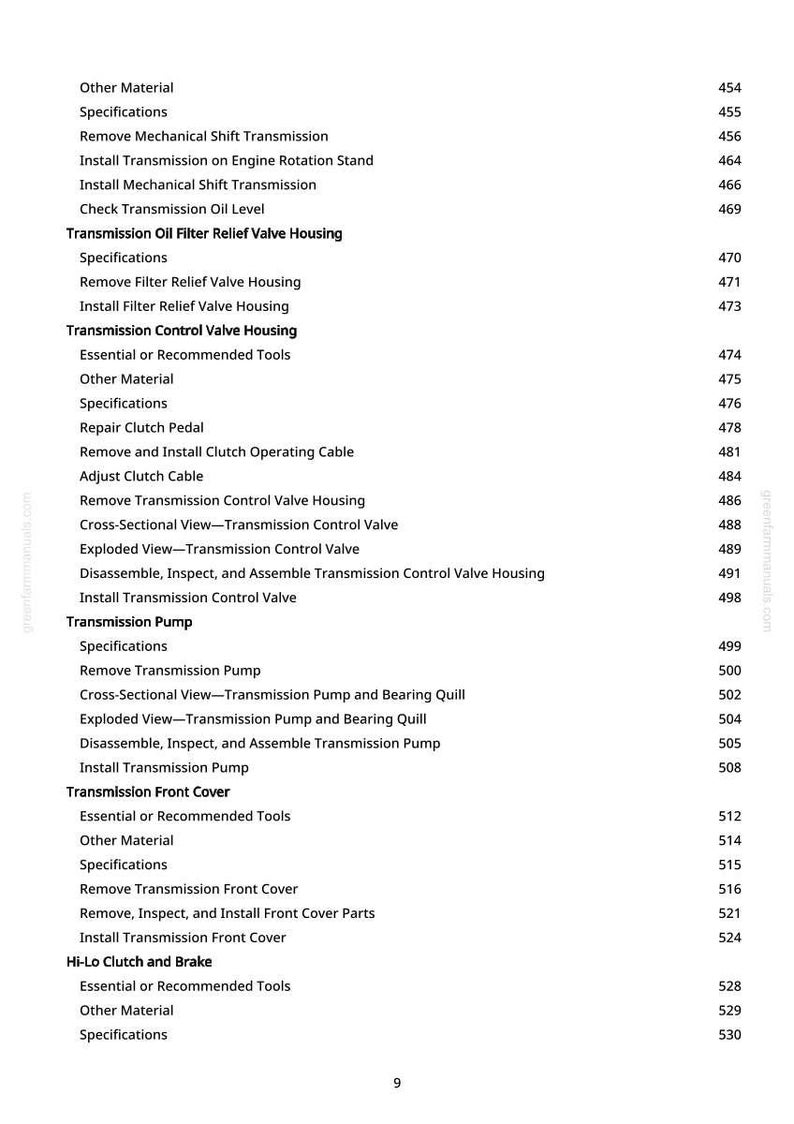 May include: A page from a manual with a list of automotive repair procedures. The text includes terms like "Transmission Oil Filter Relief Valve Housing," "Transmission Control Valve Housing," and "Transmission Pump." Numbers are listed on the right.